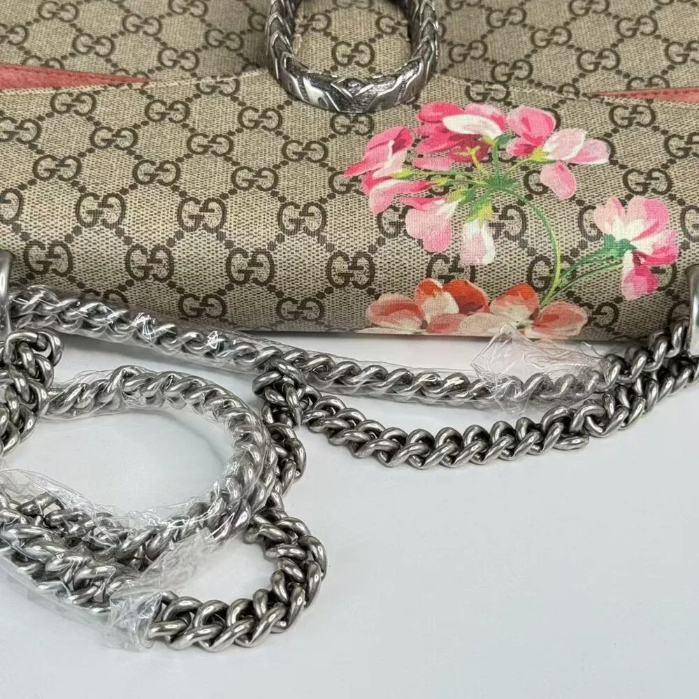 Gucci GG Logo Supreme Medium Dionysus Shoulder Bag with Floral Accent and Red Tr